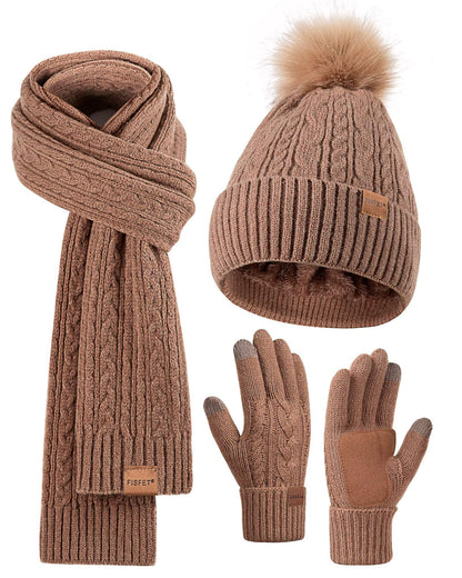 Winter Beanie Hat Scarf Gloves Set for Women, Pom Pom Beanie with Fleece Lined Long Knit Neck Warmer Fingers Touchscreen Gloves, Fashionable Cute Warm 3 in 1 Gift Set for Cold Weather(A-07) Camel