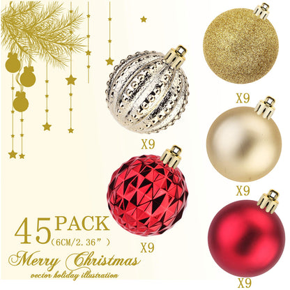 45Pcs 6cm/2.36inch Christmas Balls Glitter Christmas Tree Ornaments Hanging Christmas Home Decorations for Home House Bar Party（Red/Gold