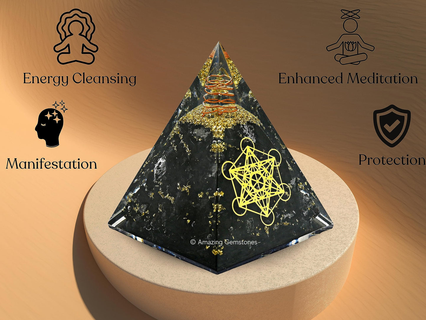 Amazing Gemstone Organite Orgone Pyramid Extra Large 105 MM - Metatron Cube Orgone Energy Pyramid with Black Tourmaline Crystals and Healing Stone - Orgonite Pyramids Crystals and Positive Energy