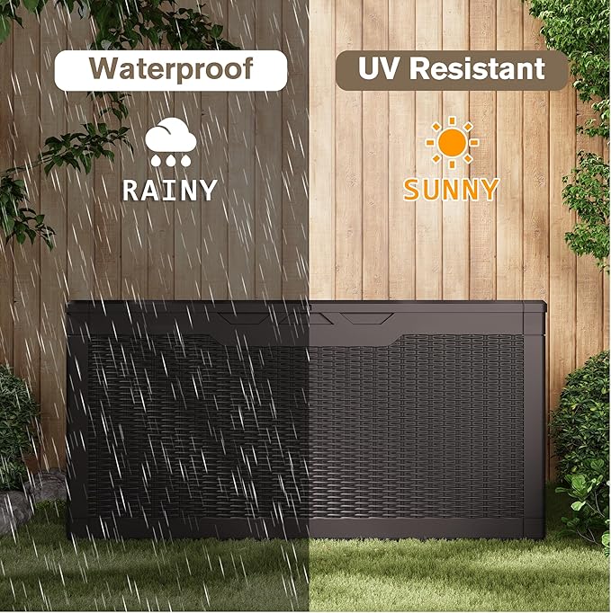 JUMMICO 100 Gallon Resin Deck Box, Waterproof Outdoor Storage Box with Lockable Lid for Garden Tools, Patio Cushions (Brown)