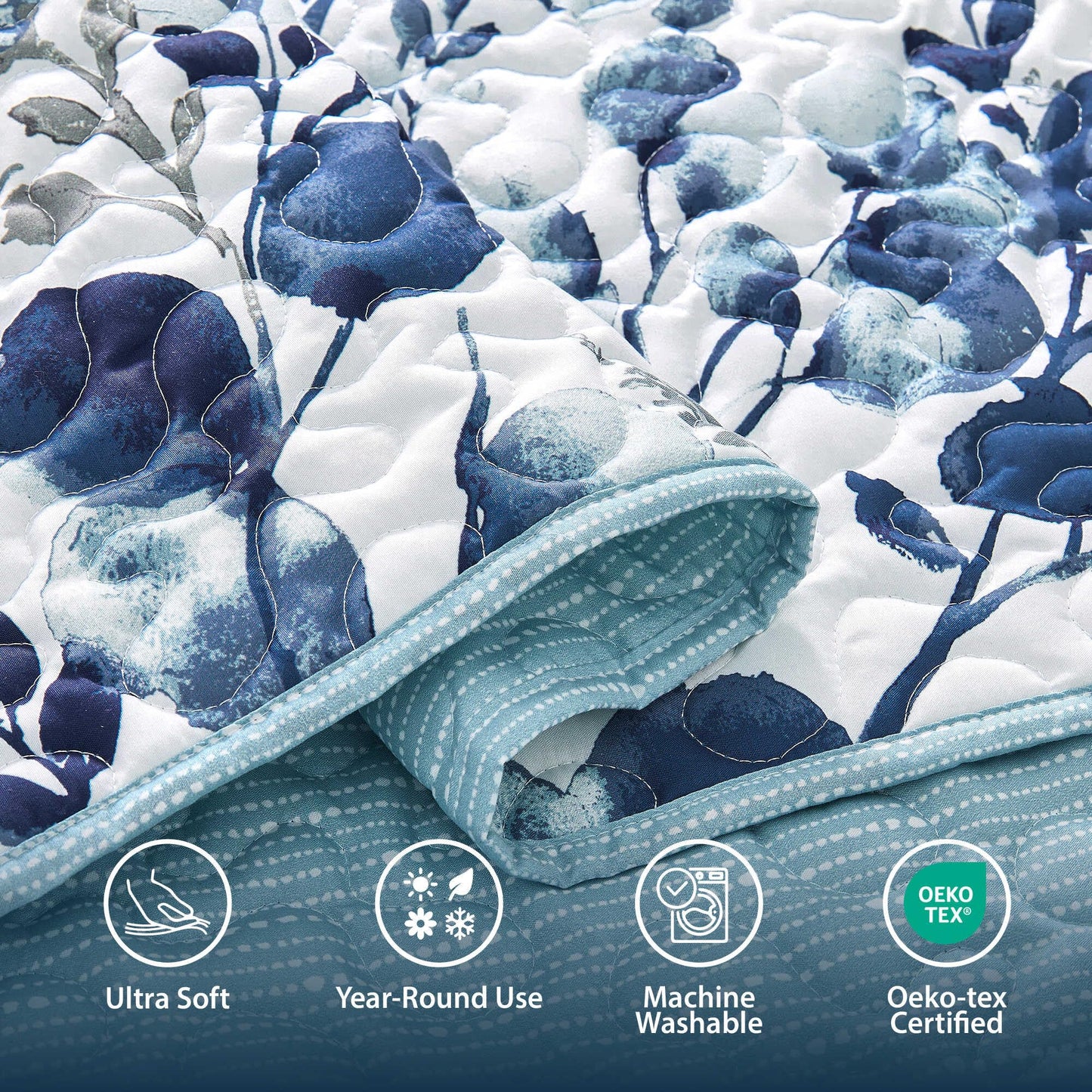 Regency Heights Quilt Set Quilted Bedspread Reversible Lightweight Floral Printed Oversized Quilted Bedding Set with Shams 2pc, Twin Size, Navy Blue