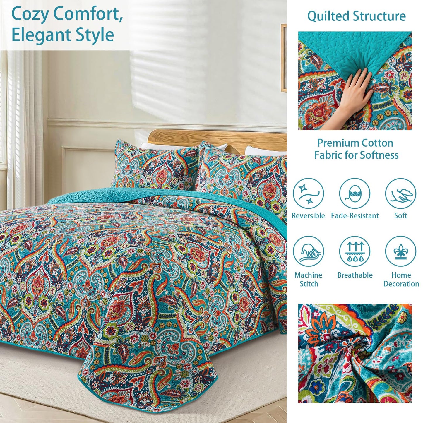 TWINRUN Cotton California King Quilt, Floral Style Oversized King Size Bedspreads (108 * 118 Inch),3 Pieces Lightweight Quilted Cotton California King Bed Set for All Seasons
