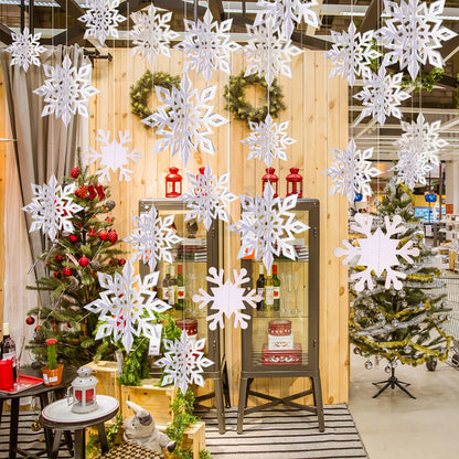 12PCS Winter Christmas Hanging Decorations - 3D White Paper Snowflake Garland with Snowflake Banner for Christmas Holiday Winter Wonderland Frozen Party Decorations