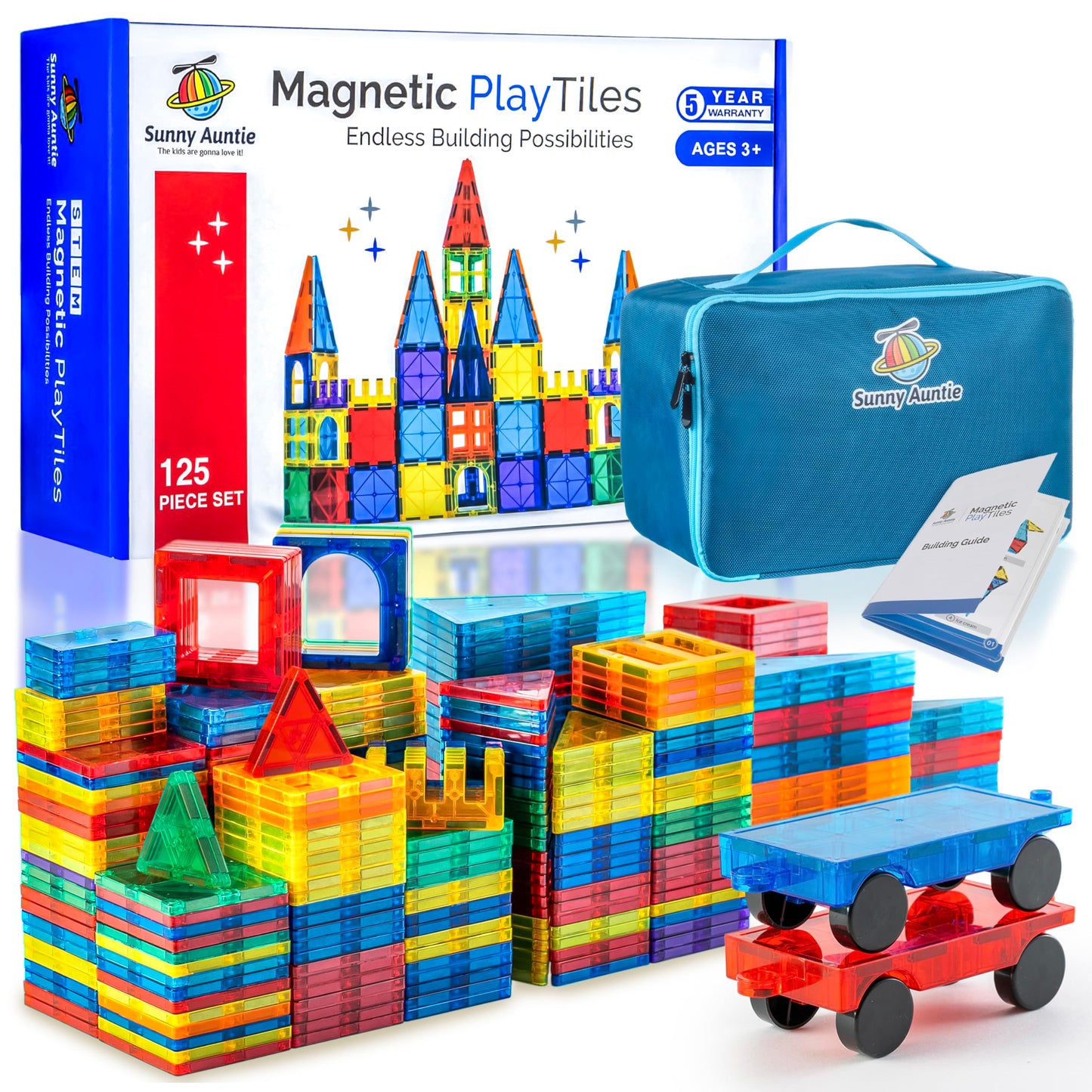 Magnetic Tiles 125 PCS (XL SET), Magnetic Tiles for Kids, Toy for 3 4 5 6 7 8 Year Old Boys & Girls, Large Building Set, Great Gift for Kids Aged 3-8, Gift Box, + Bonus Zippered Carrying CASE