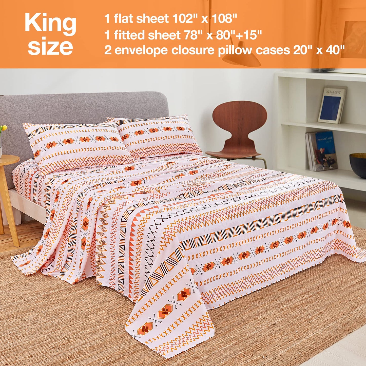 JSD Geometric Printed Sheet Set King, 4 Piece Soft Orange Pattern Microfiber Sheets Extra Deep Pocket