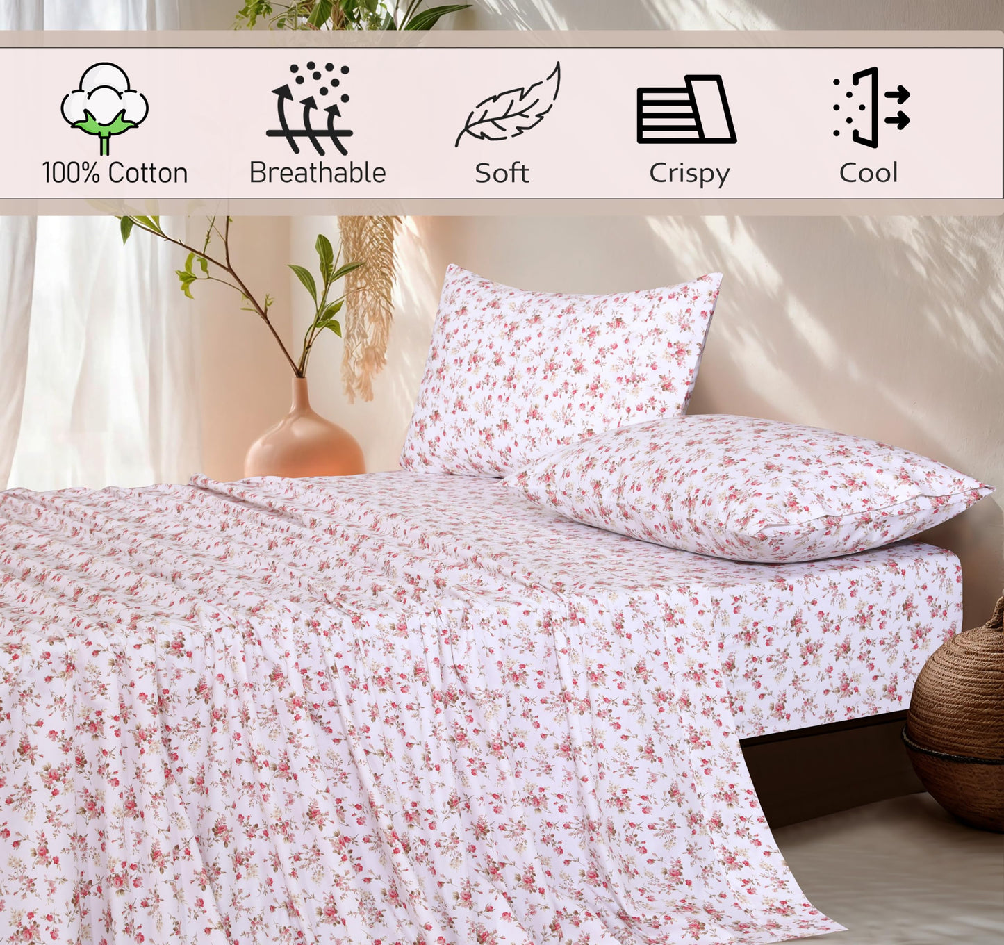 RUVANTI 100% Cotton Percale Sheets Queen Size, Bouquet