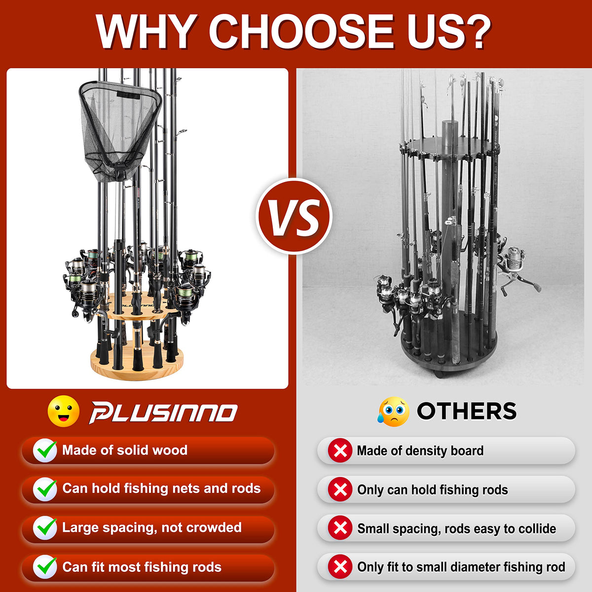 PLUSINNO 2PACK V12 Fishing Rod Holders for Garage, Vertical Fishing Pole Holders Wooden Round Floor Stand, Fishing Rod Rack Holds up to 24 Rods or Fishing Nets Storage Organizer Racks