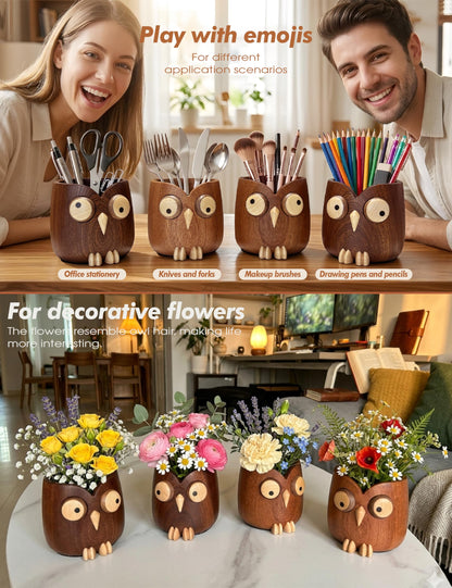 WODTILIFE Cute Owl Pen Holder for desk, funny wooden pencil holder with Magnetic Rotating Eyes emoji, Ebony solid wood hollow design, for Office accessories School Home and Holiday Gifts.(Brown)