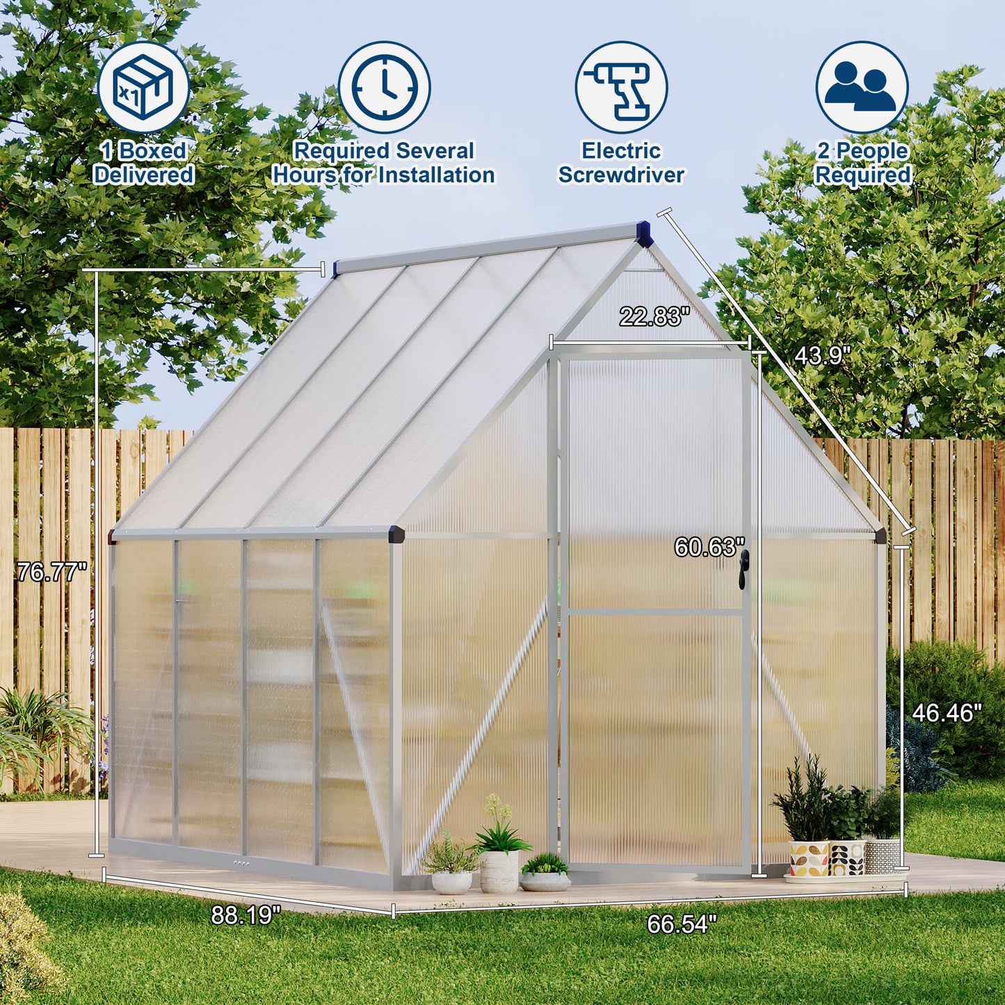 GarveeHome Large 6x7 Ft Walk-in Greenhouse, Aluminum Frame & Polycarbonate Panels for Growing Environment, Includes Roof Vent & Easy Assembly, Silver
