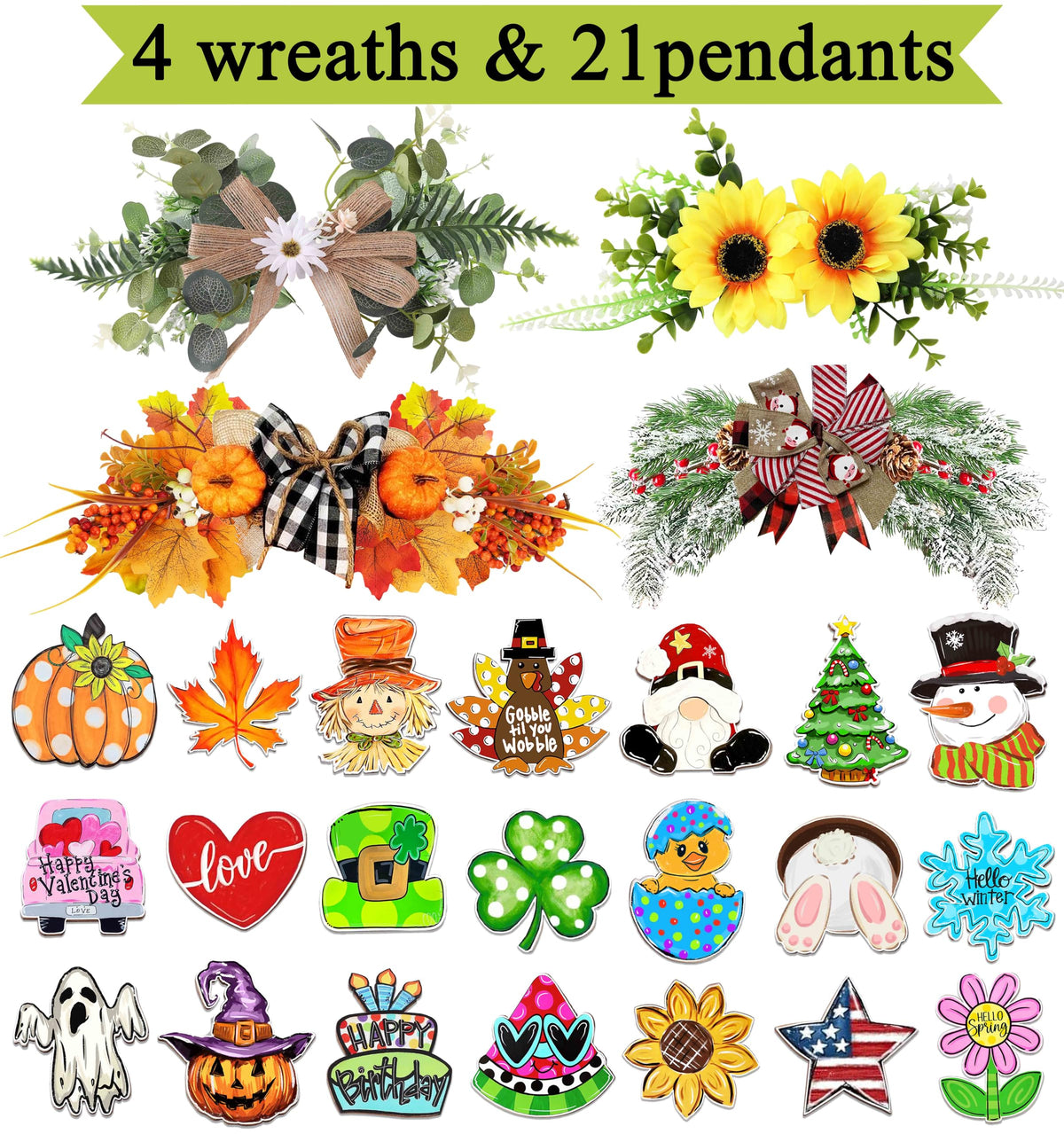 Interchangeable Welcome Sign for Front Door with 4 Seasonal Wreaths 21 Changeable Icons, Farmhouse Rustic Outdoor Welcome Signs Porch, Spring Winter Fall Decorations for Home House Warming Gifts