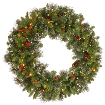 National Tree Company 30 in Pre-Lit Crestwood Spruce Artificial Christmas Wreath, Christmas Decoration with Glitter, Pinecones, Red Berries, 70 Clear Lights, 200 Tips, Green
