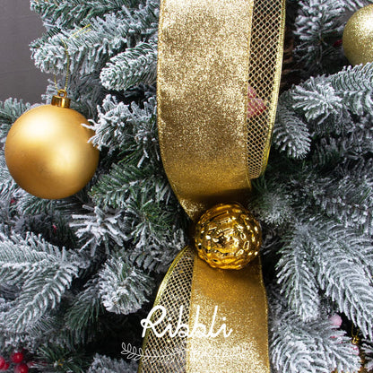 Ribbli Gold Christmas Tree Ribbon - Glitter Wired Ribbons for Tree, Crafts, Gift Wrapping, Wreaths, Garland, Home Decor - 2.5 Inch x 6 Rolls Total 36 Yard