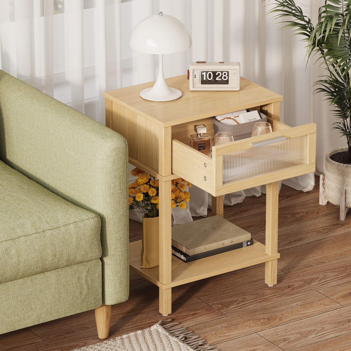 Nightstand Wooden Bedside Table with Drawer Natural Wood Night Stands Modern Style Small End Table Side Table with Storage Shelf for Bedroom Living Room MLBZ10YEV
