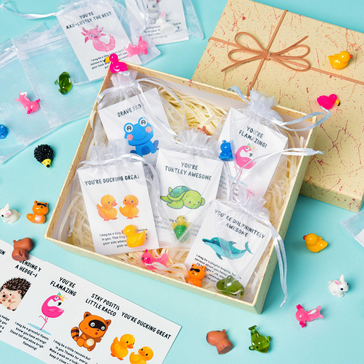PAPPYN-A 30 Sets Employee Appreciation Gifts Bulk for Coworkers Team Staff Thank You Gifts Back to School Resin Animal Organza Bags Pun Inspirational Note Cards for Teacher Volunteer Nurse Office