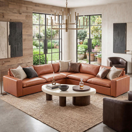Christopher Knight Home Ruben Faux Leather 4-Seater Modular Sectional Sofa Couch with Wooden Frame, Modern L-Shaped Sofa Set for Living Room, Upholstered Cloud Couch with Back Pillows, Brown