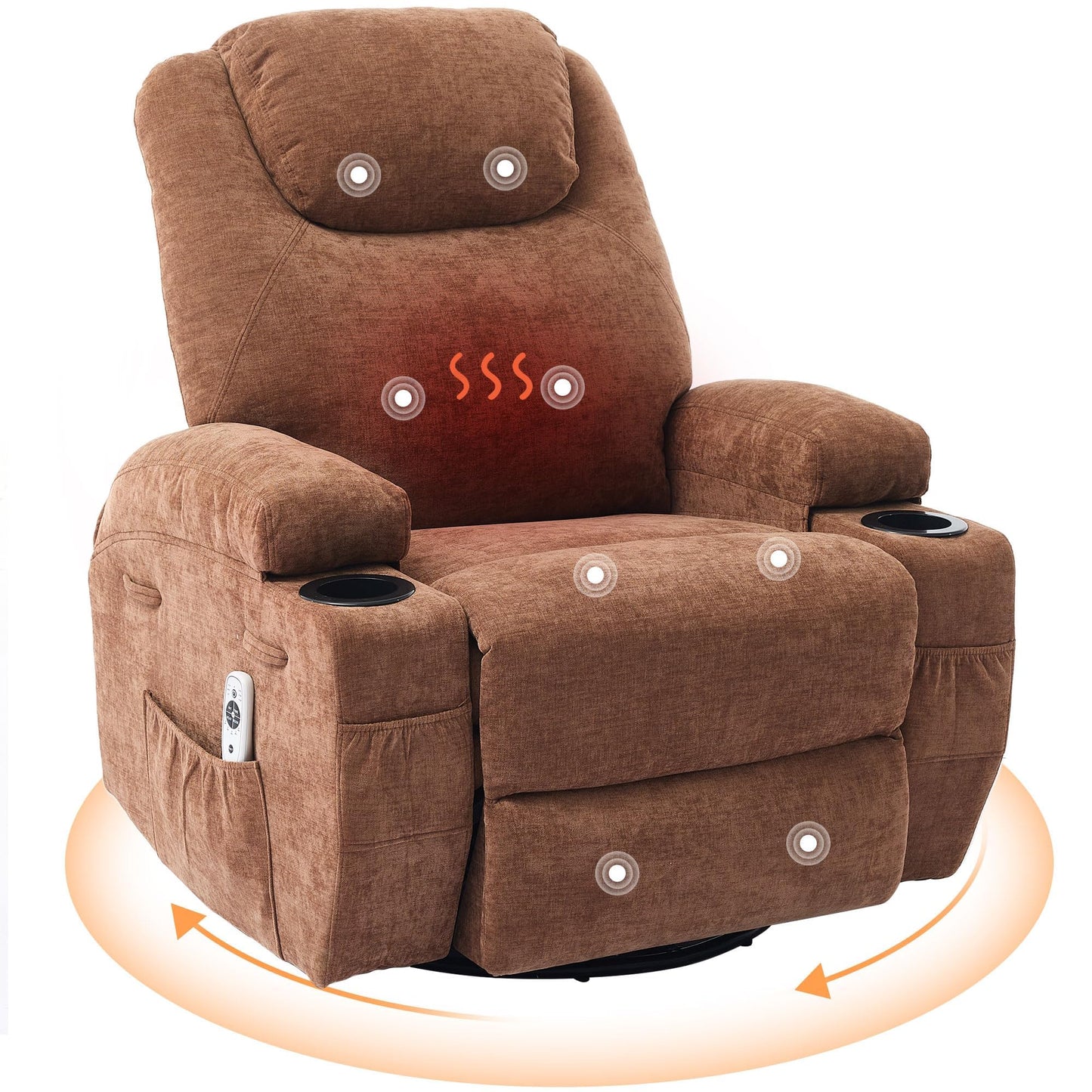 360° Swivel Rocker Recliner Chair for Adults with Massage & Heat, Manual/Electric Glider Reclining Lounge Chair for Living Room, Bedroom, Nursery, Comfortable Fabric Recliner, Light Brown