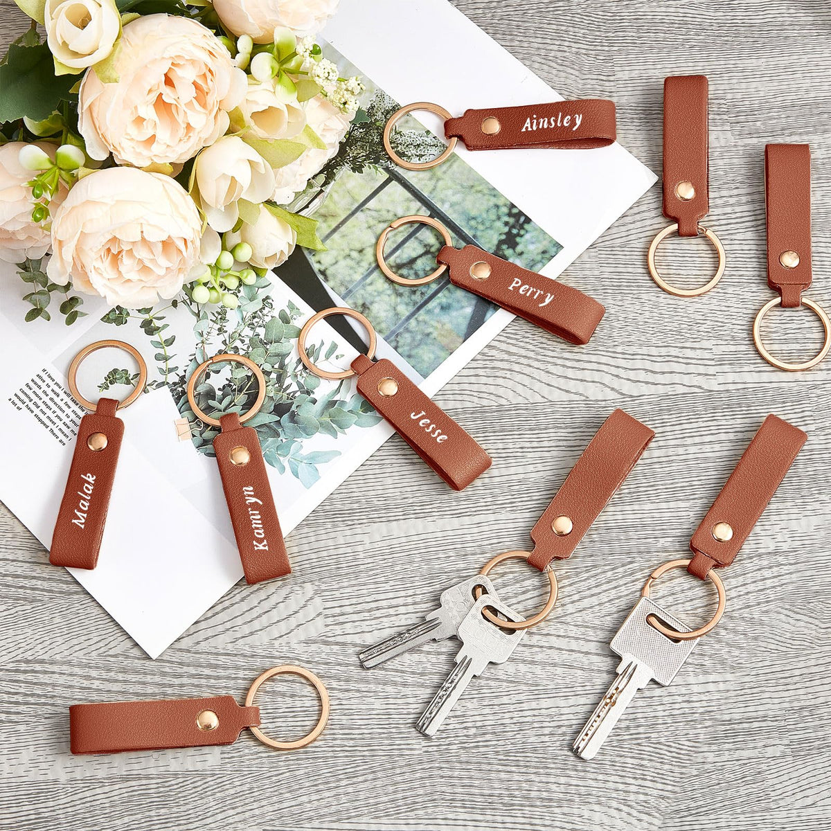 Wavyknot 100 Pcs PU Leather Keychain Blanks Bulk Laser Engraving Blanks Keychain Kit with Key Rings for DIY Key Chains Craft(3.7 x 0.7 Inches, Dark Brown)