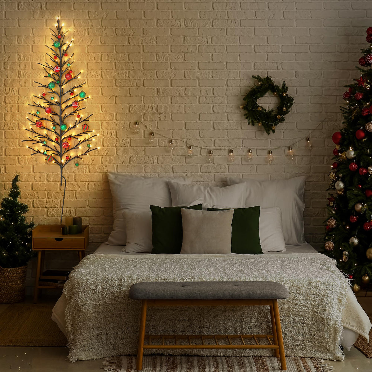 ElectricWise 5 FT 144 LED Lighted Wall Christmas Tree with Decorative Balls, 8 Light Modes Plug in Half Christmas Tree, Hanging Flat Mounted Trees for Holiday Apartment Room(Black, Red and Green)