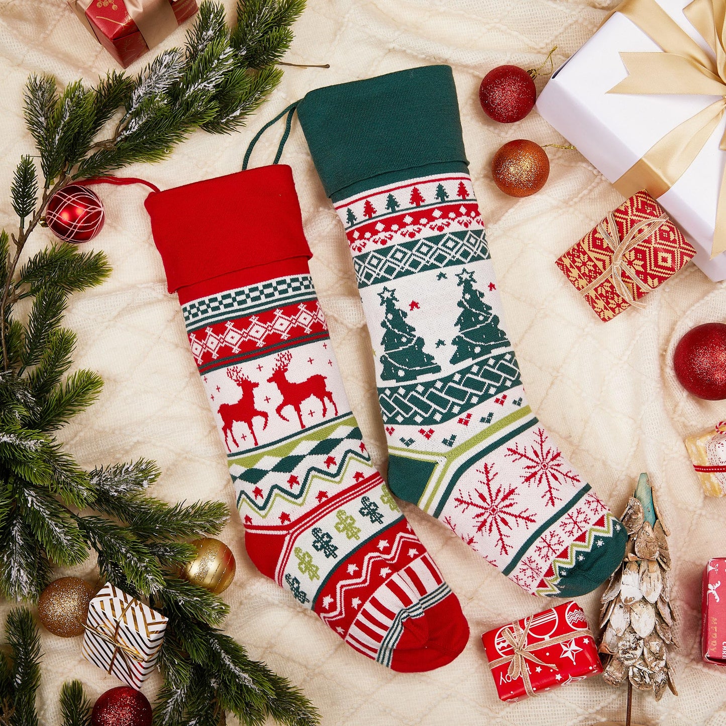 Mostop 6 Pack Christmas Stockings, 21 Inches Large Cable Knitted Stockings, Snowflake Reindeer Snowman Christmas Tree Knitted Stocking Decorations for Xmas Family Holiday Season Decor