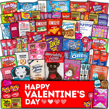 Valentine's Day Gift Care Package (50ct) Snacks Chocolates Candy Box Assortment Variety Bundle Present Kids Adults Boy Girl Guy Friend College Husband Wife Boyfriend Girlfriend Love