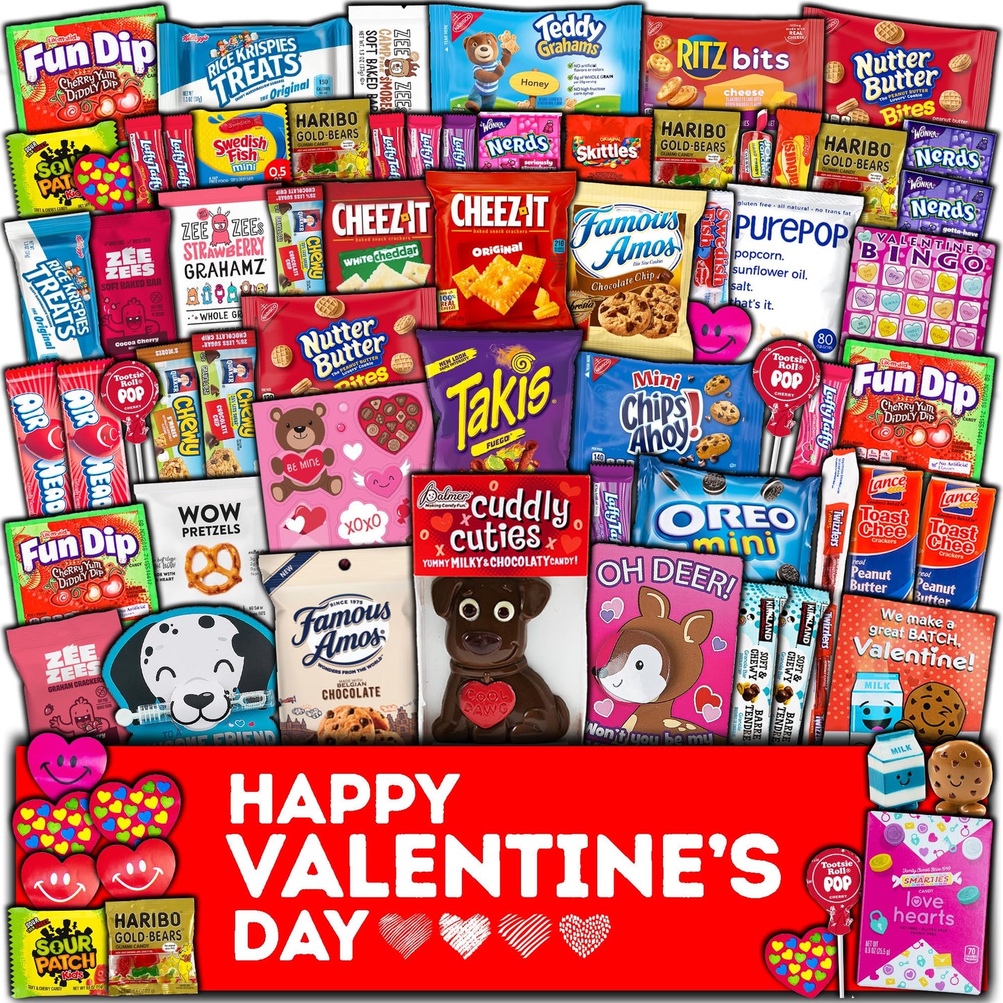 Valentine's Day Gift Care Package (65ct) Snacks Chocolates Candy Box Assortment Variety Bundle Present Kids Adults Boy Girl Guy Friend College Husband Wife Boyfriend Girlfriend Love