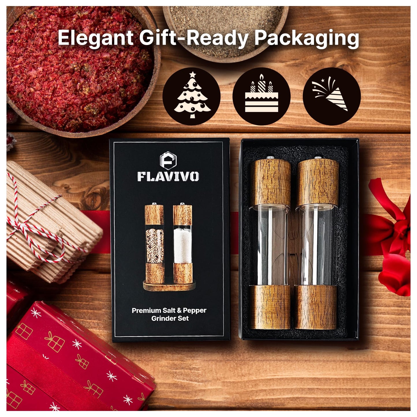 FLAVIVO Wooden Salt and Pepper Grinder Set, Manual Premium Acrylic Salt and pepper Mills with Adjustable Ceramic Core and Wooden Stand, 8-Inch Refillable Giftable Shakers (2 Pieces with Tray)