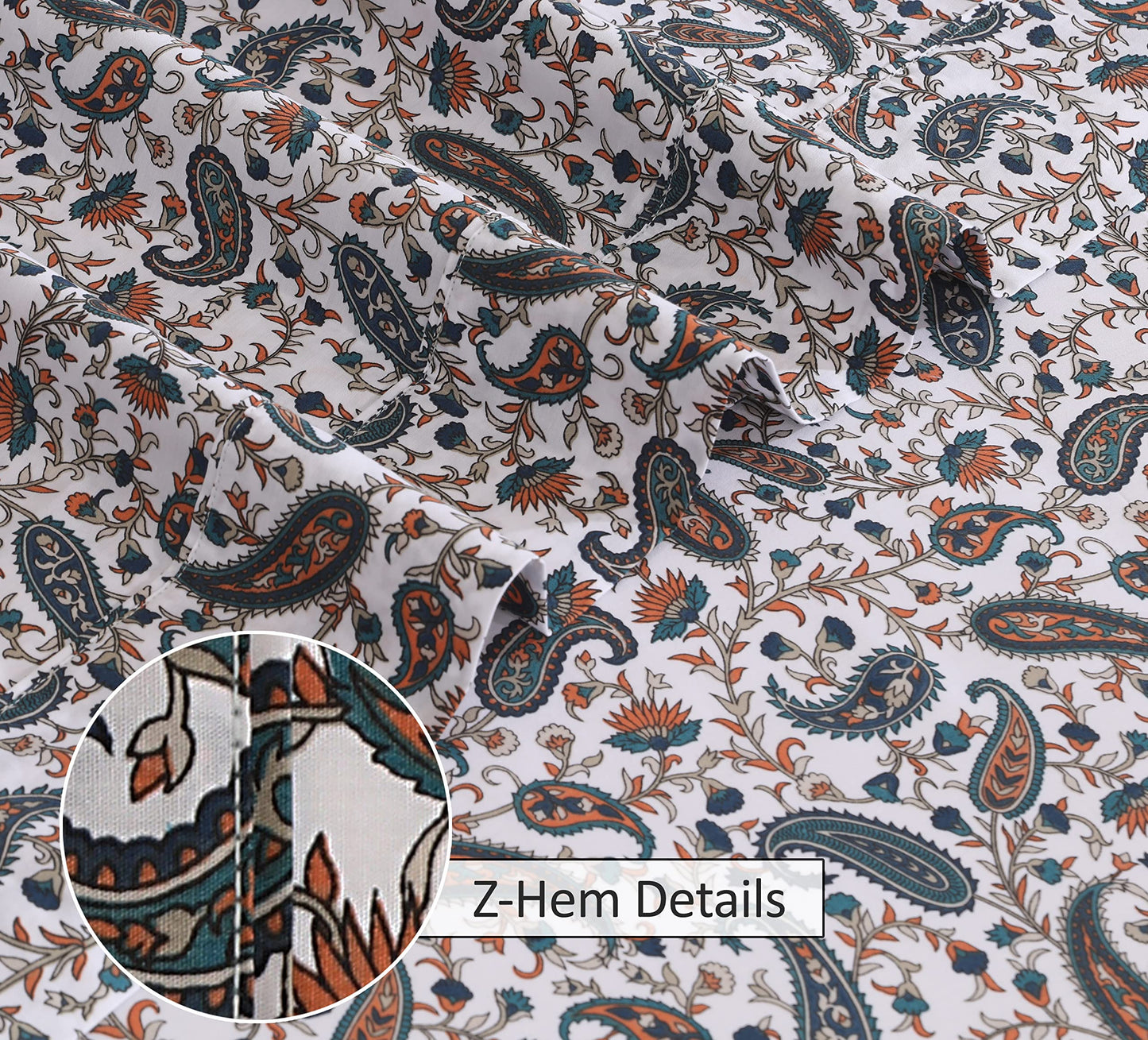 RUVANTI 100% Cotton Percale Sheets, Queen Size, Teal Paisley