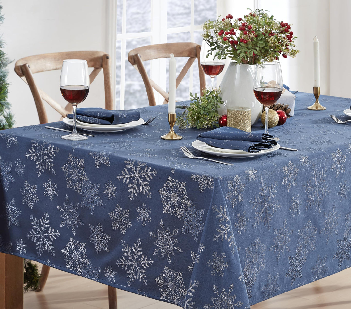 Newbridge Fancy Metallic Snowflake Christmas Fabric Tablecloth, 60 x 84 Inch Rectangle, Navy Silver, No-Iron Soil Resistant Sparkling Snowflakes Woven Holiday Table Cover