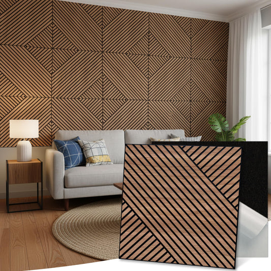 Mollywell Art Acoustic Wall Panels, 24x24 Inch 8 Pack, Wood Veneer, Sound Absorbing Self-Adhesive Wall Decor, Staggered Melodies, Walnut, for Home & Studio
