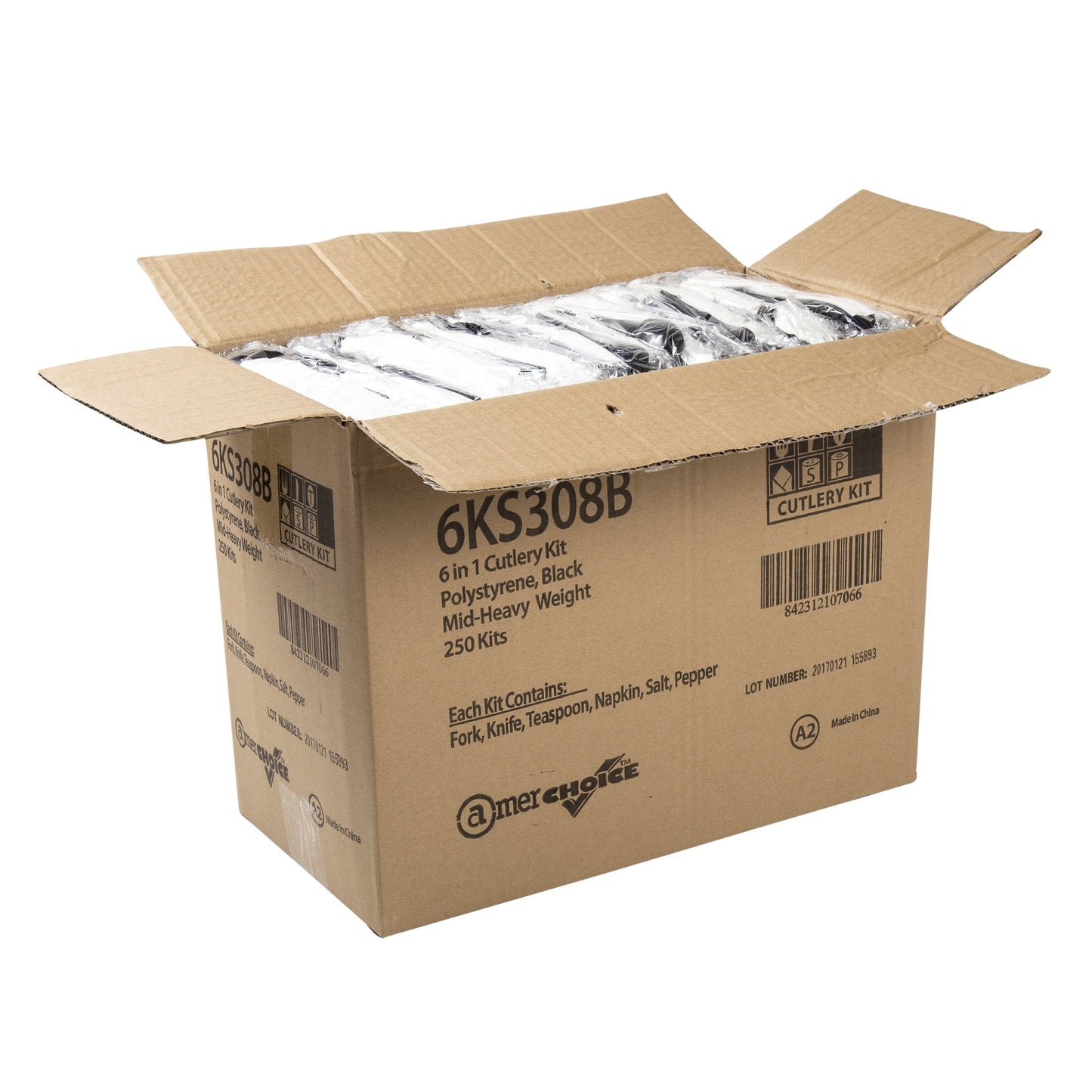 AmerCare Six Piece Meal Kit with 12 x 13 Napkin, Salt and Pepper, Medium-Heavy Weight Fork, Knife, and Teaspoon, Case of 250
