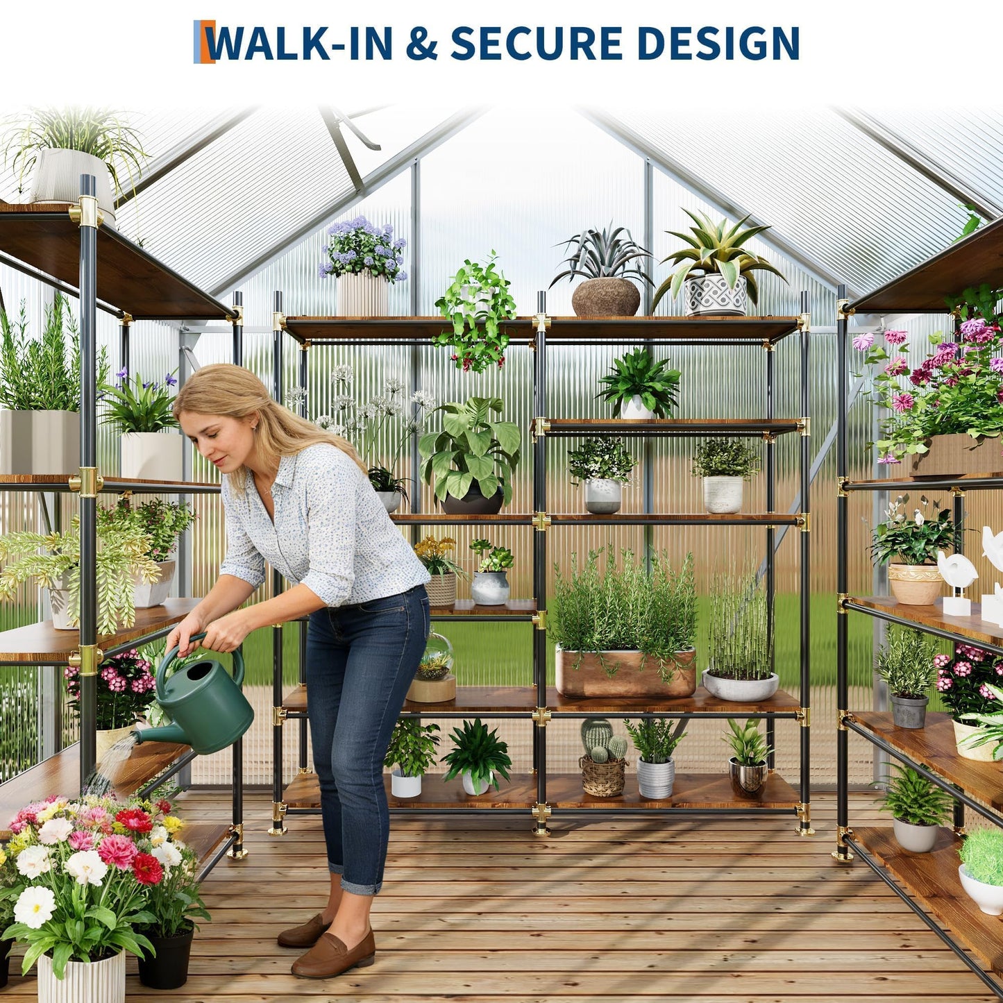 COZONY Heavy Duty Aluminum Frame Walk-in Greenhouse, 6x4 FT Polycarbonate Panels - Sliding Door, Adjustable Roof Vent, Rain Gutter - Weather Resistant Outdoor Garden Structure for Backyard, Patio,