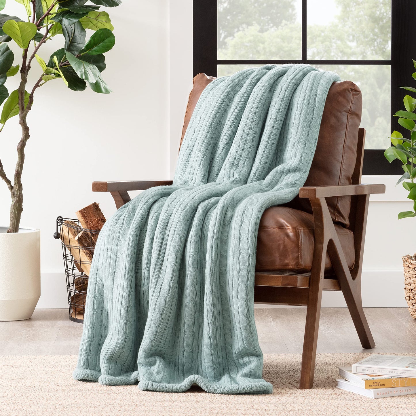 Chanasya Premium Cable Knit Throw Blanket - Soft and Cozy Throw Blanket with Plush Sherpa Side - 50" x 65” - Mint Green