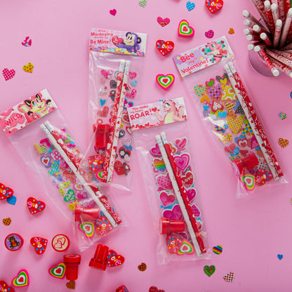 JOYIN 24packs Valentines Day Stationery Gifts, 96pcs Party Favor with Pencil, Erasers, Notebook & Bags for Kids School Classroom Exchange Supplies