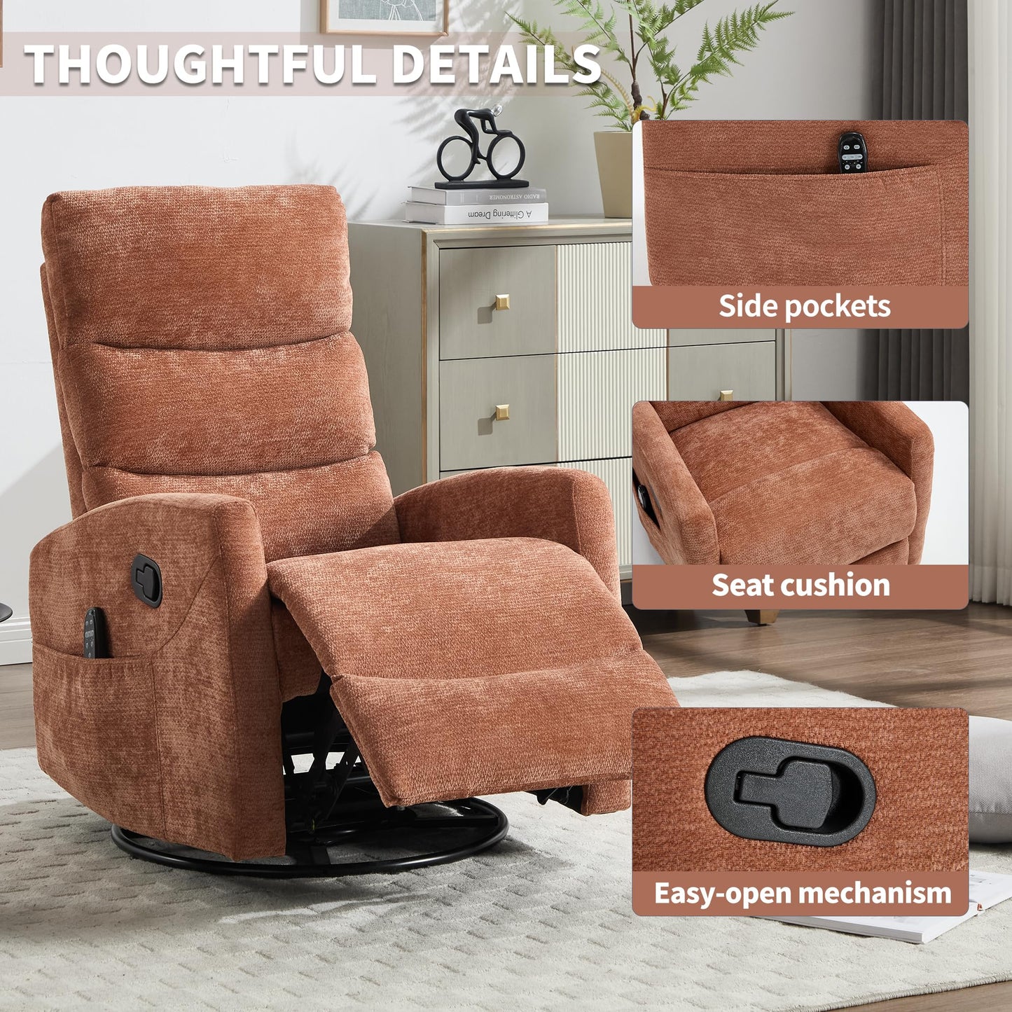 GDFStudio Heat Massage Manual Recliner Chair with Rocking and 360° Swivel, Chenille Fabric Recliner Chair with Lumbar Heat, 8-Point Vibration Massage, 155° Reclining Chair for Living Room, Orange