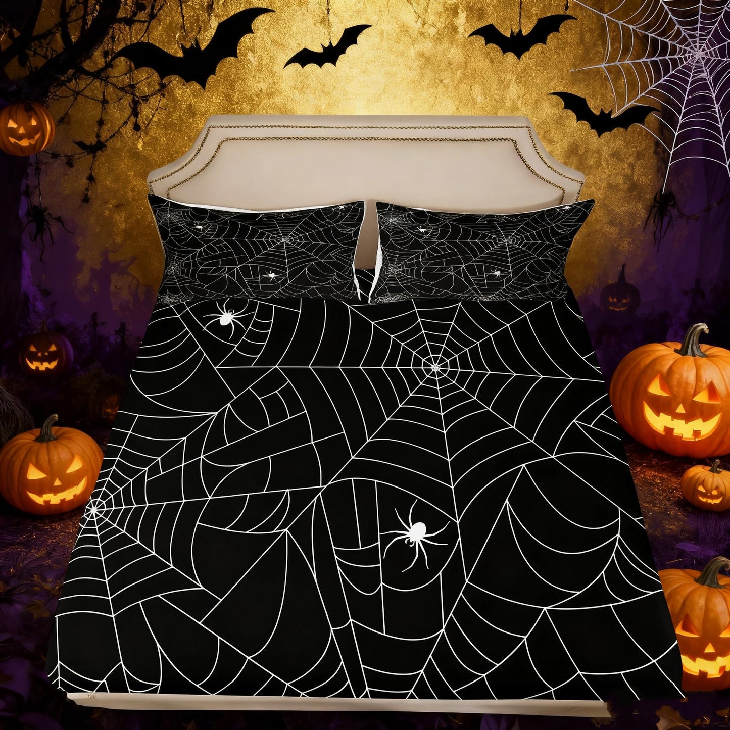 Feelyou Boys Spider Web Printed Bedding Set for Kids Children Halloween Themed Bed Sheet Set Decorative Scary Spider Pattern Fitted Sheet Black White Animal Theme Bed Cover Twin Size 2Pcs