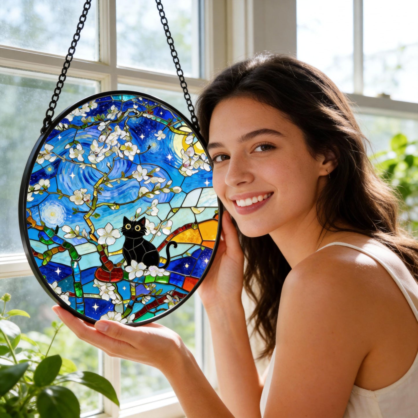 ubcindy Sakura Black Cat Stained Glass Window Hanging, 8'' The Starry Night Art Stained Glass Suncatcher Wall Door Home Decor, Cherry Blossom Sun Catcher for Women Mom Men Office Friends Yoga Gifts