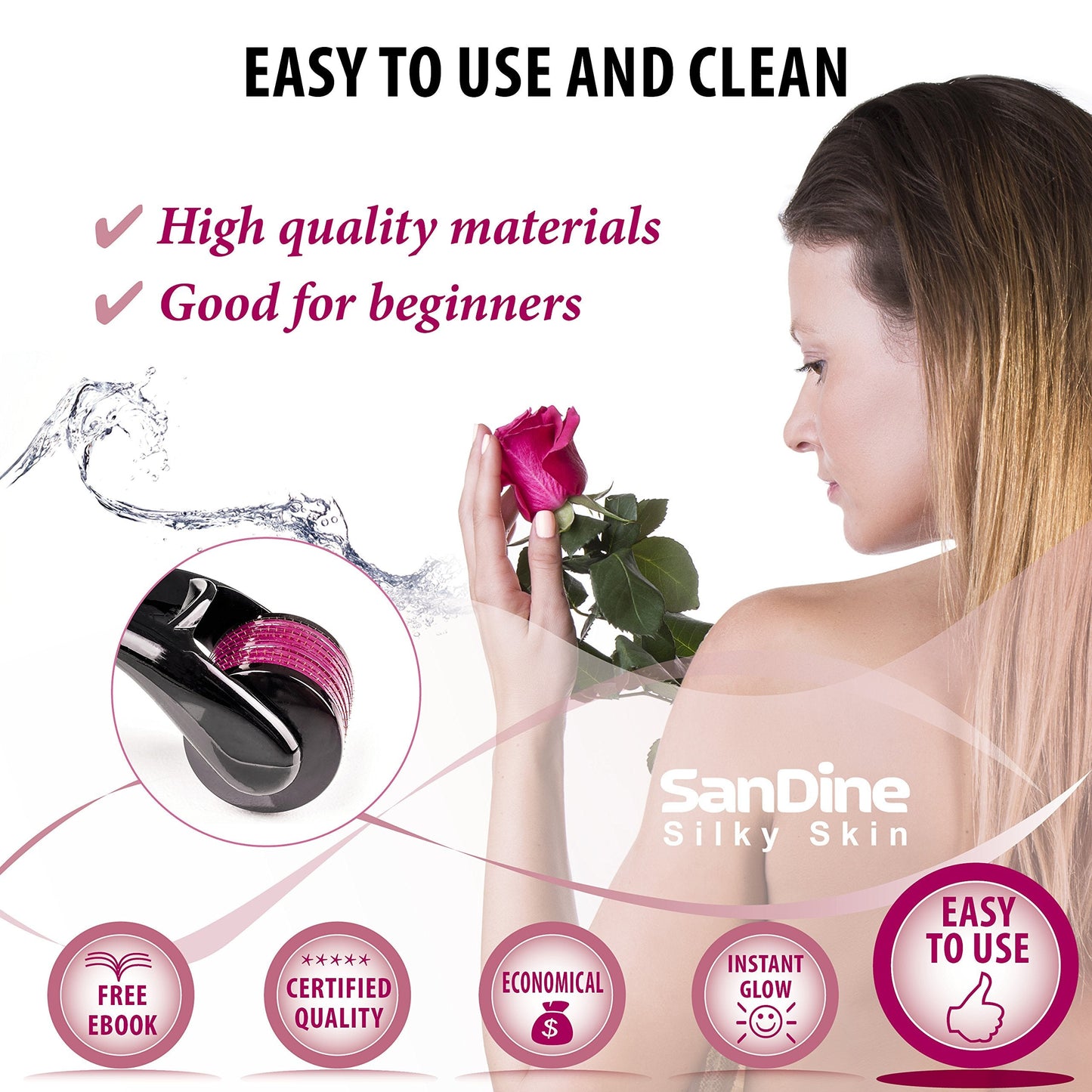 Microneedle Derma Roller - 540 Micro Needle Skin Care System - Ideal to Keep Your Skin Young and Radiant - Titanium for Silky Smooth and Beautiful Skin - Includes FREE E-Book -By Sandine (0.3mm)