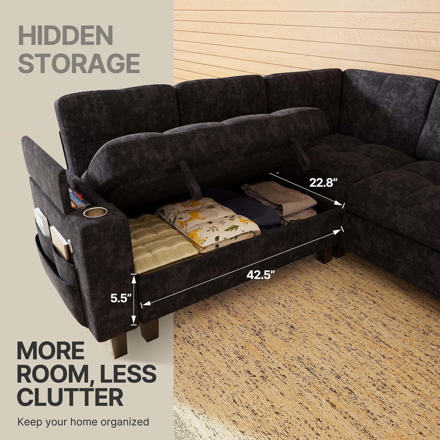 Marsail 85" Sectional Sleeper Sofa with Pull Out Bed, 5 Seat Modular Sectional Sofa with Storage, USB Ports & Cup Holders, Sectional Couches for Living Room, Modern Chenille Cloud Couch, Dark Gray
