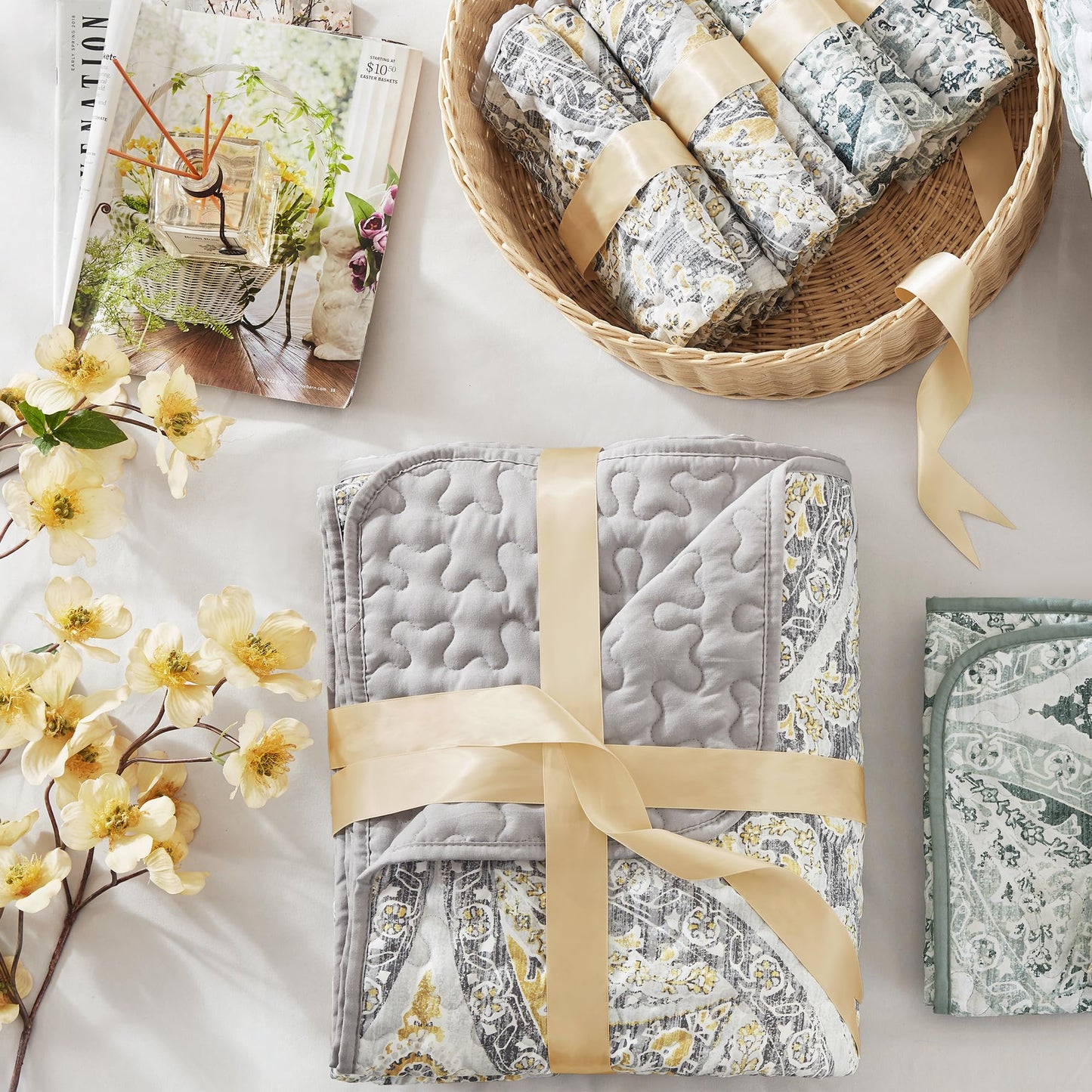 Comfort Spaces Boho Quilt Set Queen Reversible Vermicelli Quilting Queen Size Bed, All Season, Lightweight, Coverlet Winter Layer Bedding, Shams, Gloria, Full/Queen Grey/Yellow 3 Piece