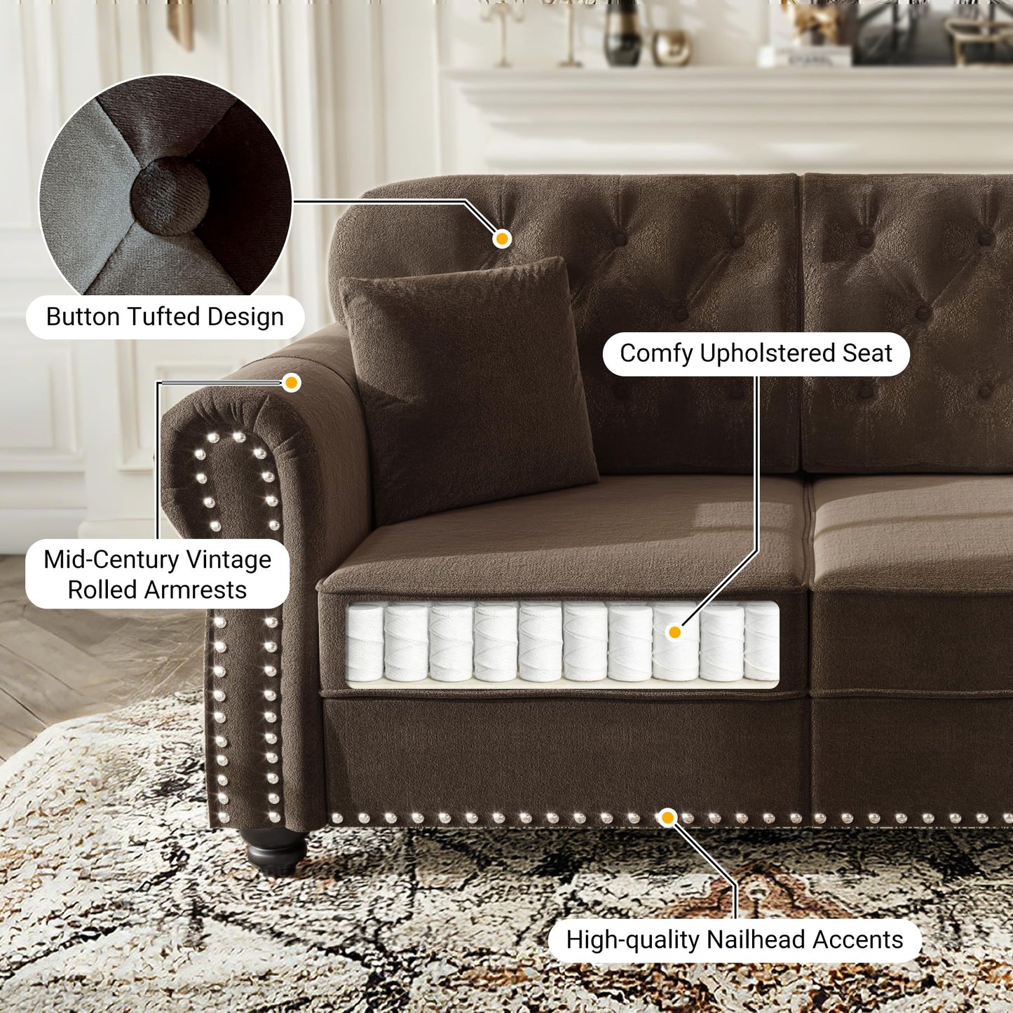 KEIKI 3-Piece Chesterfield Sofa Set with 1 Velvet 3-Seater Sofa & 1 Loveseat & 1 Single Sofa, 6-Seater Couch Set with Nailhead Trim & Rolled Arms & 1 Ottoman & 6 Pillow, for Living Room, Brown