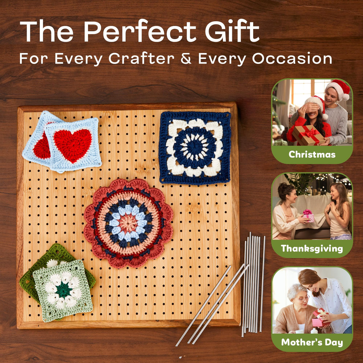 11.8" Crochet Blocking Board with 20 Pegs Pins, Granny Square Blocking Board for Crochet Projects, Bamboo Blocking Boards for Crocheting and Knitting, Wooden Gifts for Crocheter
