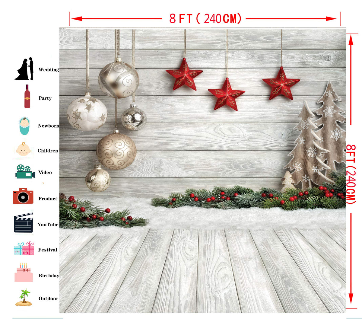 Dudaacvt 8X8ft Christmas Backdrop White Wood Floor with Snowflake Backdrop Christmas Tree Gifts Background for Family Gathering
