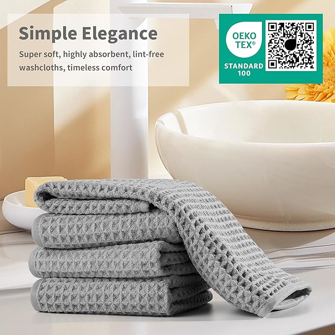 Microfiber Waffle Face Towels, 4 Pieces, Fast Drying, Lint Free 430 GSM