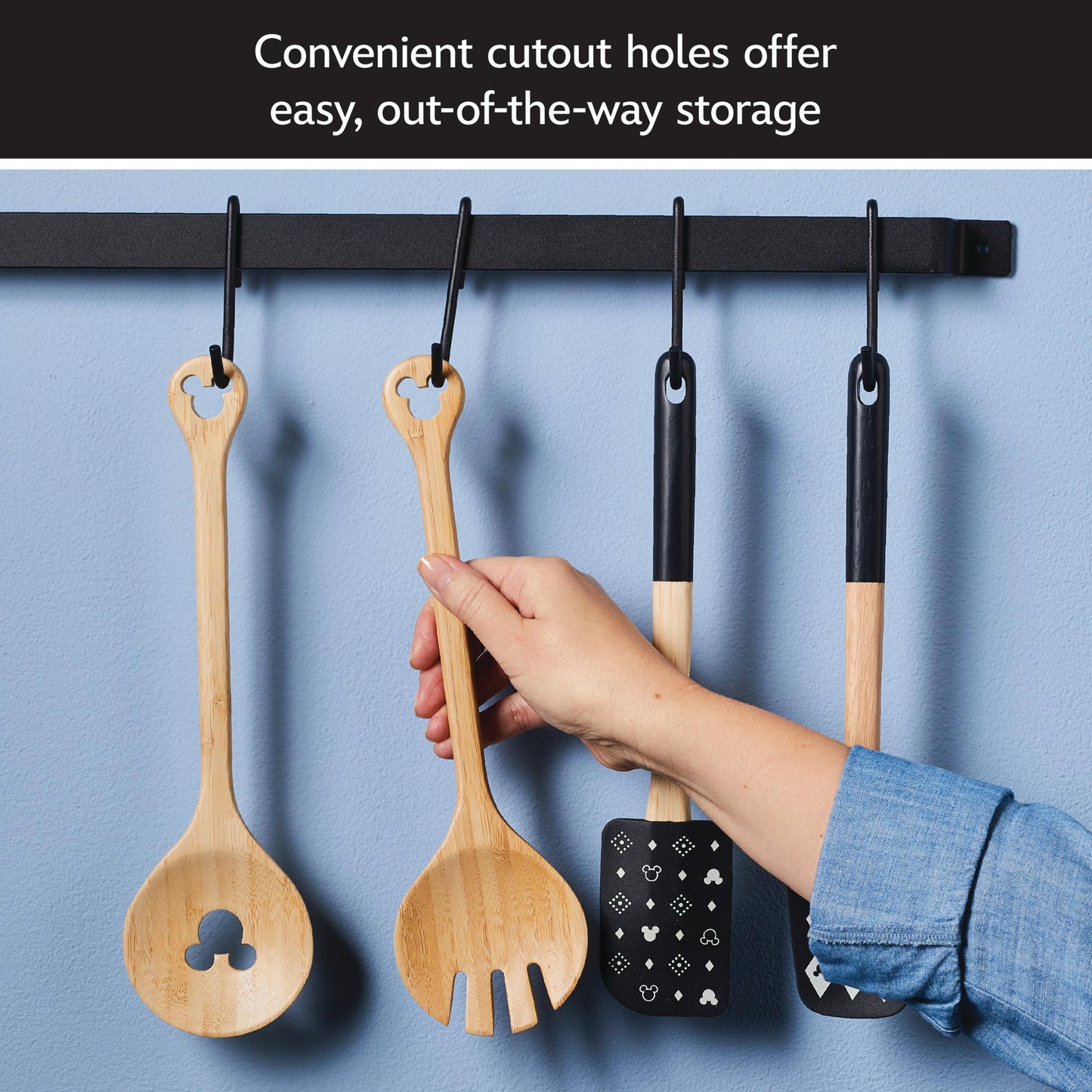 Disney Home Monochrome Bamboo Salad Server/Wood Serving Utensils with Salt and Pepper Grinder Set, 4 Piece - Bamboo
