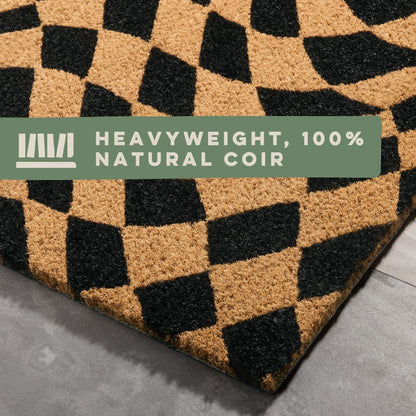 TOWN & COUNTRY TERRA Emmett Groovy Checkerboard Door Mat, Natural Coir, Heavyweight, Non-Slip Entryway Mat, Black, 24"x36"