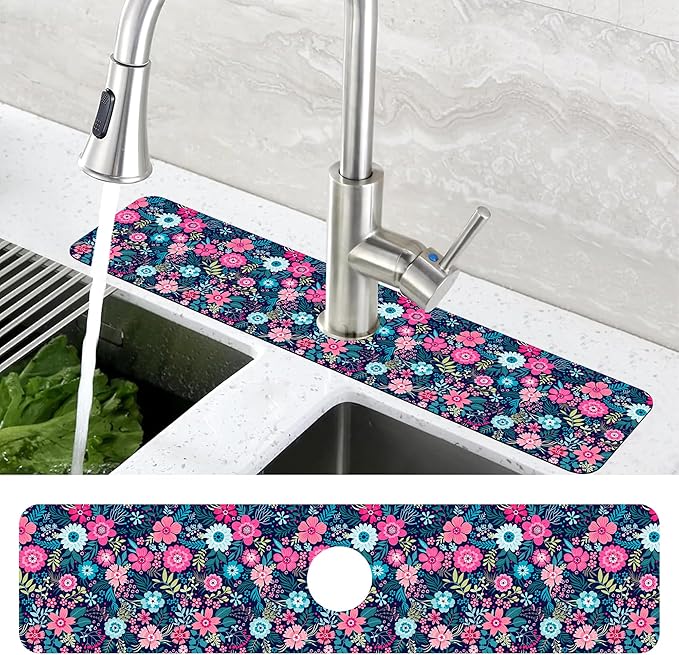 Modern Blue and Pink Floral Sink Faucet Absorbing Mat Sink Splash Guard Faucet
