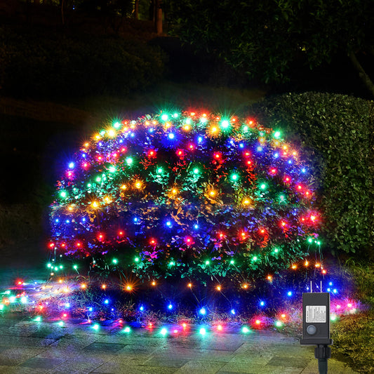 WBao Christmas Lights Outdoor, 200LED 8.4ft x 5.2ft Christmas Net Lights with 8 Modes, Timer, End to End Connectable, Waterproof LED Net Lights for Lawn, Bushes, Trees Xmas Decorations, Multicolor
