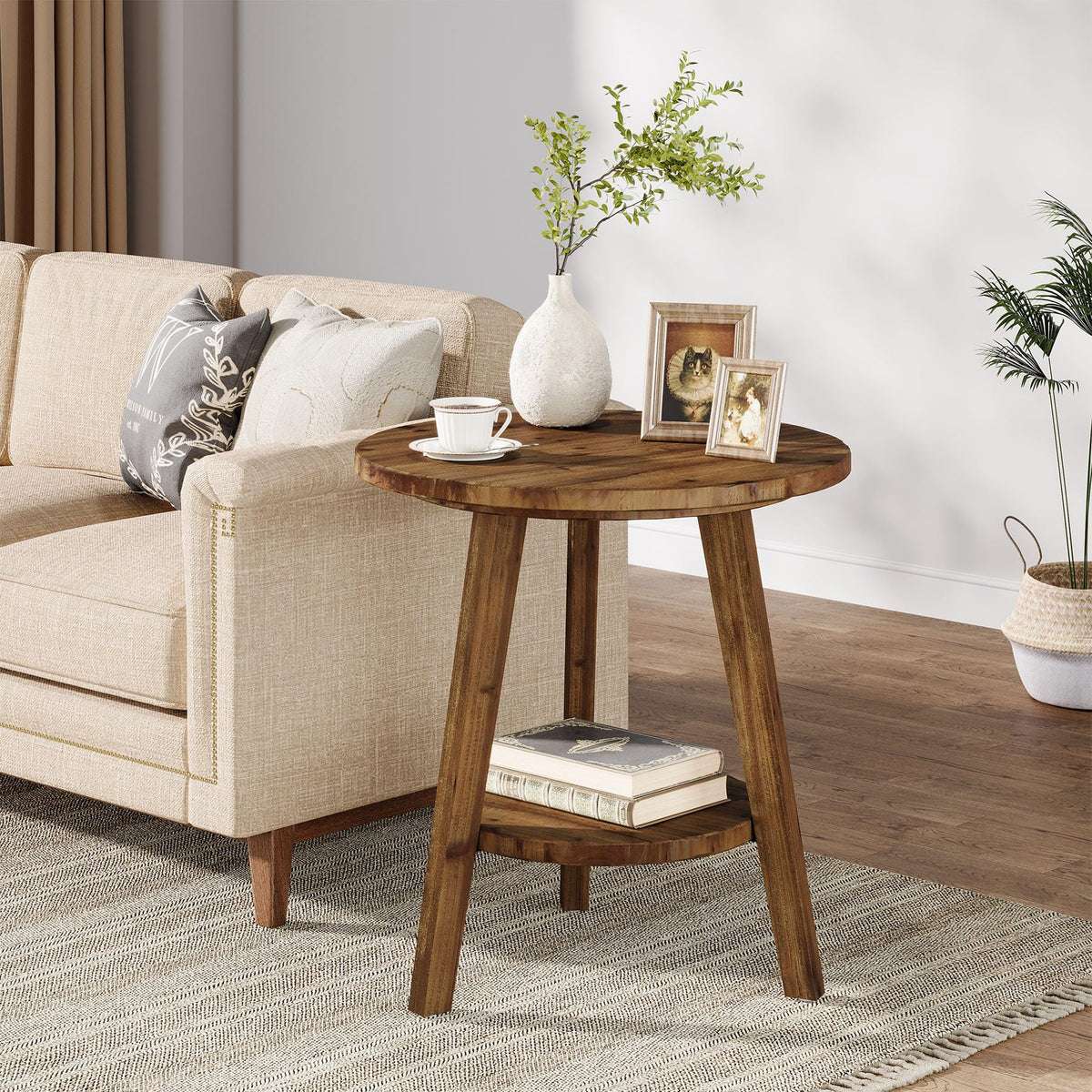 TRIBEWOOD Solid Wood Round End Table, Sofa Side Table with Storage Shelf, Farmhouse Nightstand for Living Room, Bedroom, Easy Assembly (1)