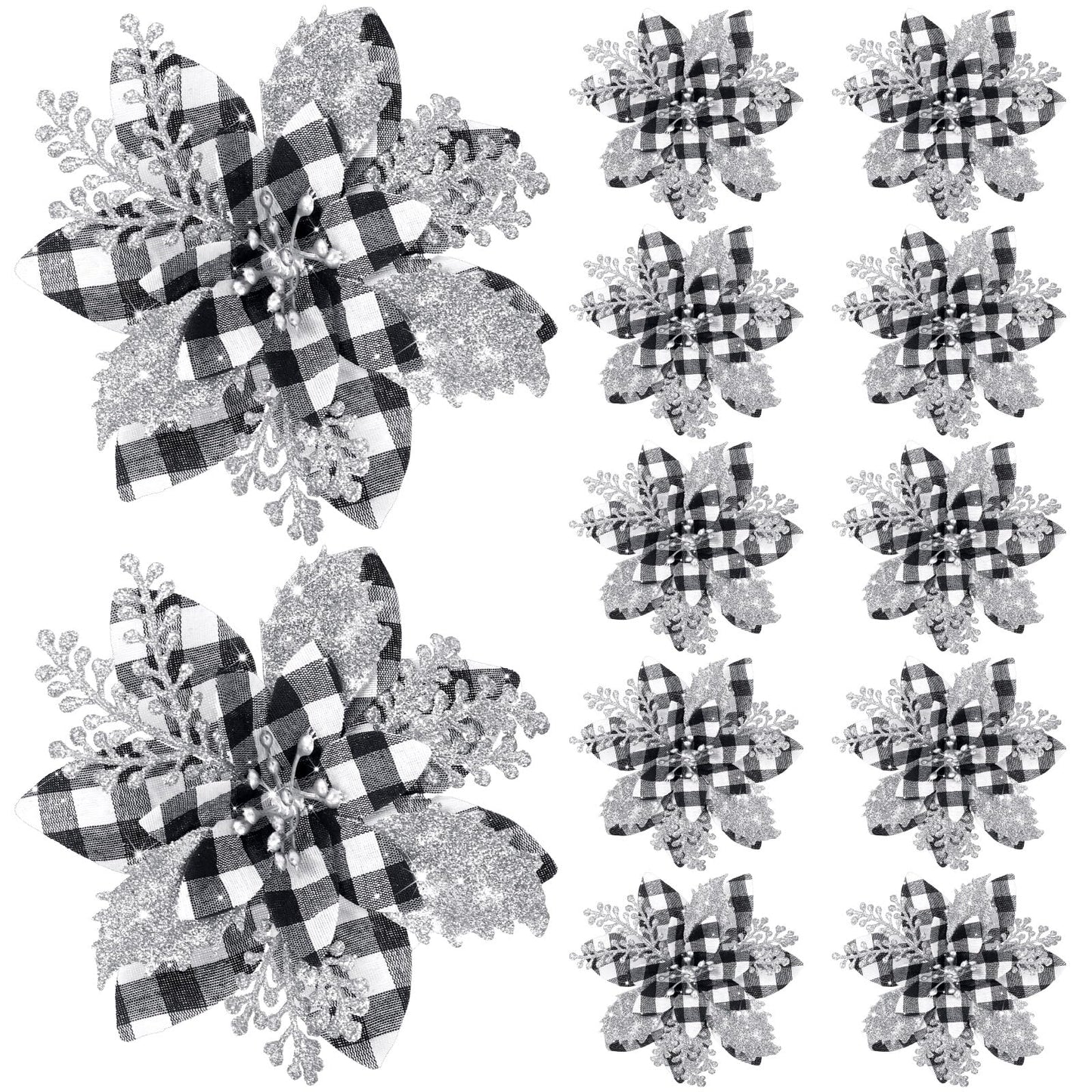 Canlierr 5.7 Inch Artificial Poinsettias Christmas Glitter Flowers with Clips Xmas Tree Flower Ornament Poinsettias Decor (Black and White Buffalo with Silver Petals,12 Pieces)
