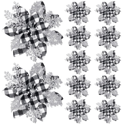 Canlierr 5.7 Inch Artificial Poinsettias Christmas Glitter Flowers with Clips Xmas Tree Flower Ornament Poinsettias Decor (Black and White Buffalo with Silver Petals,12 Pieces)